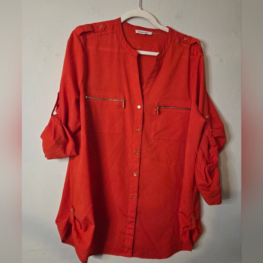 Calvin Klein Women's Orange Button-Up Top